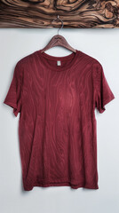 Wall Mural - A rich maroon t-shirt elegantly displayed on a hanger crafted from pecan wood, the dark, swirling patterns of the wood providing a beautiful contrast to the deep red of the shirt,