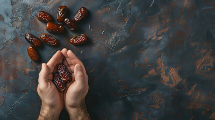 Poster - A man's hands hold dates against a dark background in a flat lay top view. Copy space for text