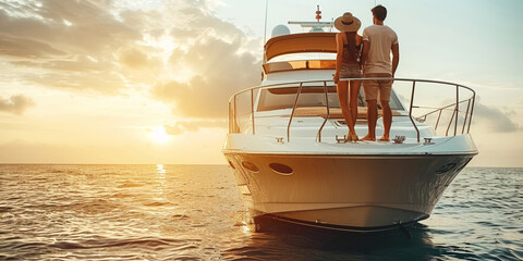 Wall Mural - On a luxurious yacht, a couple enjoys a romantic sunset cruise, basking in the freedom of the open sea.