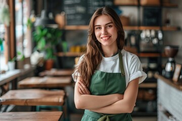 Portrait of beautiful smiling female small business of restaurant. Generate AI image