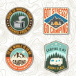 Set of camping related typographic quote for sticker, badges, patches . Vector. Patch design with forest, mountains and starry night sky, canned fish, camper silhouette