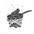 Frying steak on cooking pan. Vector illustration. Pork and beef steaks cooking process. Vector illustration. Cooking steak with seasonings on a metal griddle black on white silhouettes.