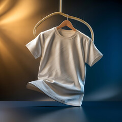 Wall Mural - Blank White T-Shirt Mock-up on wooden hanger, front and rear side view. 3D Rendering.