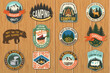 Set of Summer camp patches. Vector. Design with rv trailer, camping tent, forest, mountains, axe and campfire.