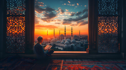 Wall Mural - A Muslim man reading the Quran with an open window overlooking city and mosque, with a warm color tone