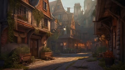 Wall Mural - Houses in medieval city diorama, omunious atmosphere, detailed illustration, beautiful color palette.