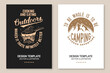 Set of camping poster design. Vector. Outdoor adventure. Design with forest, mountains, steak in a pan and campfire