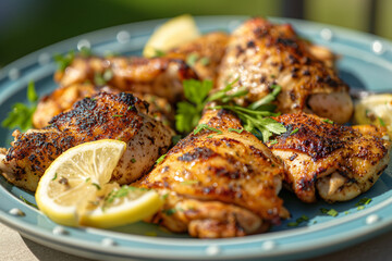 Wall Mural - Grilled chicken thighs with spices and lemon.