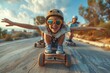 © Larisa AI - A child with arms outspread rides a skateboard down a sunlit suburban street, embodying freedom and youth