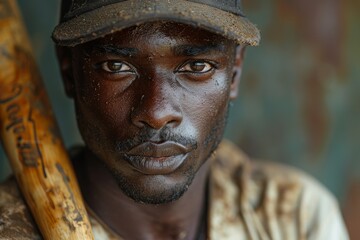 Wall Mural - An intense portrait of a man holding a baseball bat and wearing a cap, his face marked by dust and concentration