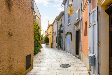 Wall Mural - Picturesque streets of stone houses in the hilltop village of Gassin, France, in the Provence-Alpes-Côte d'Azur region overlooking the Gulf of Saint Tropez.