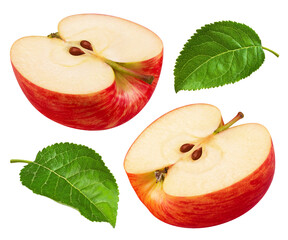 Wall Mural - sliced red apple halves with leaves isolated on transparent background.
