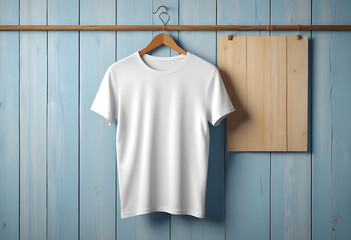 Wall Mural - White blank t shirt for mock up hanging on a tree in forest. Generative Ai