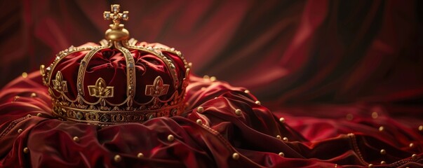 The majestic crown is placed on top of the pillow with red color. Generate AI image