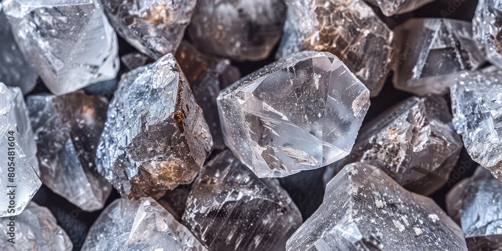 Raw Shape Close-up Raw uncut diamonds, background with lots of gemstones, minimal ...