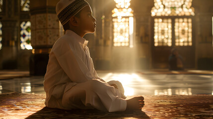 Poster - Close up of an cute Arabican boy wearing a white kandura and praying in the mosque. Backlit by sunlight through a window