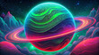 neon green and pink planet in the galaxy retro illustration