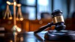 Closeup of gavel on judges desk in courtroom symbolizing justice system. Concept Justice System, Courtroom, Gavel, Symbolism, Closeup Shot