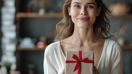 Wall Mural -   A woman happily holds a gift box with a red ribbon adorning its top