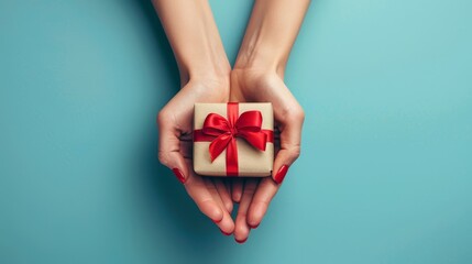 Wall Mural -   A woman's hands, cradling a gift-wrapped box with a scarlet bow, before a backdrop of azure