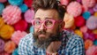   A bearded man wears pink glasses as he stands before a mound of multi-colored crochet ball yarns