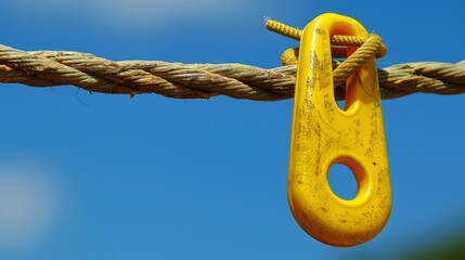   A tight shot of a rope with two yellow carabiners suspended at its terminus