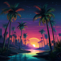 Poster - Abstract colorful palm trees at night