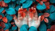   A tight shot of hands displaying red and blue leaves imprinted on their palms