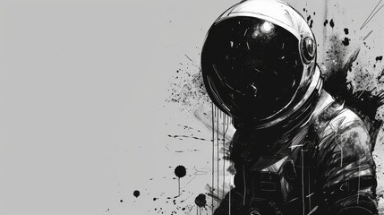 Wall Mural -   A monochrome image of a man in a spacesuit, his countenance marred by paint splatters