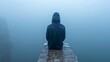   A hooded figure sits on a ledge, gazing at the mist-shrouded body of water