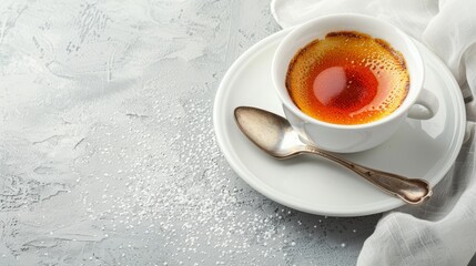   A cup of coffee on a white saucer, two spoons resting beside it