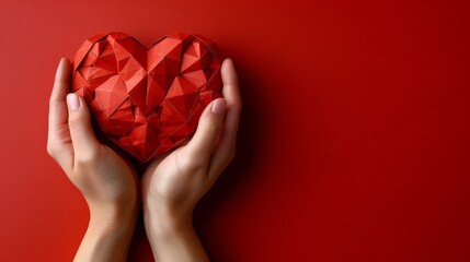 Wall Mural -   Person holds red heart-shaped origami against red wall, both on red backdrop