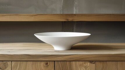 Wall Mural -   A white bowl atop a wooden table Nearby, a wooden shelf against a gray wall