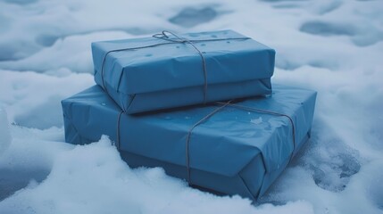 Wall Mural -   A few presents, wrapped neatly, atop a mound of snow Nearby, a large expanse of snow-covered ground