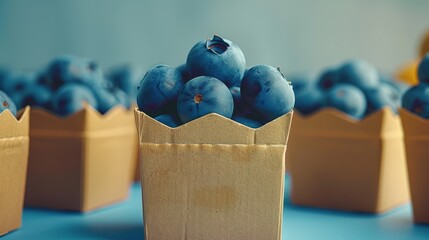 Canvas Print -   A paper bag, brimming with blueberries, rests atop a blue table Nearby, additional blueberry boxes reside