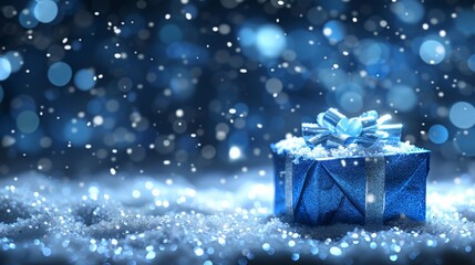 Wall Mural -   A blue gift box, topped with a bow, sits on a snow-covered ground Surrounding it, snowflakes gently fall