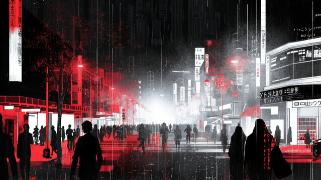 Neon Rain in Urban Streetscape - Artistic rendering of a city street under rain with neon lights reflecting on wet surfaces, featuring silhouetted figures.