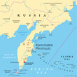 Kamchatka Peninsula, and the federal subject Kamchatka Krai of Russia, political map. Peninsula with numerous volcanoes between Bering Sea and Sea of Okhotsk. Offshore runs the Kuril-Kamchatka Trench.