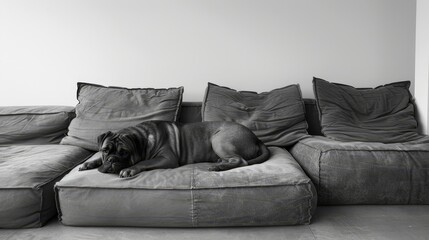 Poster -   A black-and-white image of a dog lying on a couch, surrounded by numerous pillows