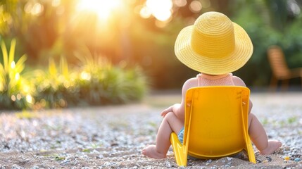 Sticker -   A young child in a yellow hat sits in a matching chair on a graveled area Surrounding them are patches of grass and trees in the background