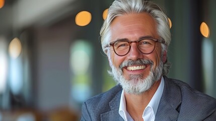 Wall Mural -   A tight shot of a bearded man in a suit and glasses, sporting a warm smile