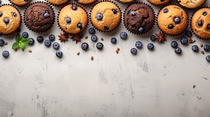 Poster -   A table is topped with muffins, some of which are covered in blueberries Nearby, there's a bunch of additional muffins