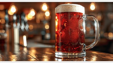 Wall Mural -   A tight shot of a glass filled with beer on a table, surrounded by softly blurred lights in the background