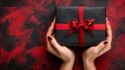 Wall Mural -   A woman's hands, against a black and red background, hold a gift box adorned with a red ribbon and boasting black and red hues