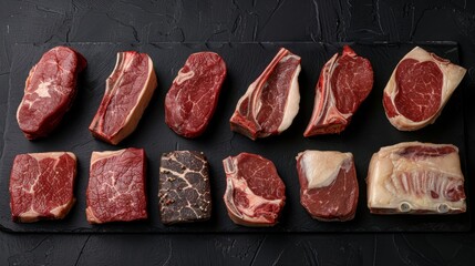   A selection of raw meats arranged on a black cutting board against a black stone countertop