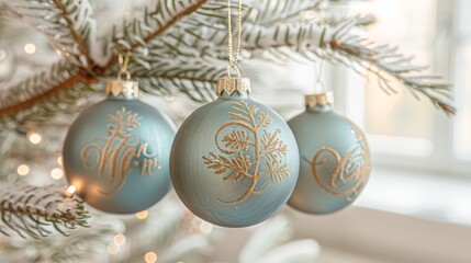 Sticker -   A tight shot of three ornaments dangling from a Christmas tree, with a window in the foreground and the tree's silhouette behind it