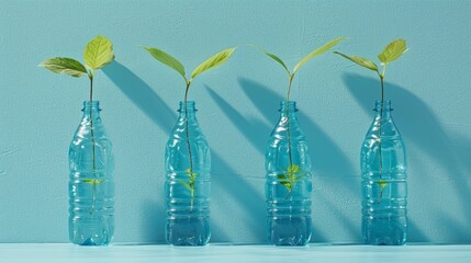 Wall Mural -   Three water bottles, empty yet topped with greenery, stand before a blue wall