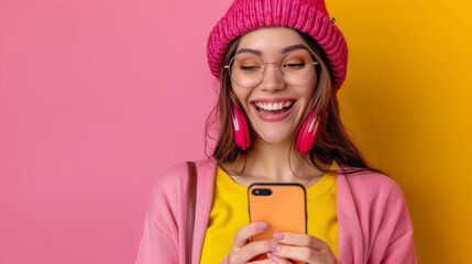 Wall Mural -   A woman, donning glasses and a pink hat, grins at the camera while clutching a cell phone