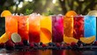 Assorted Drinks Arranged on a Dark Table in a Park. Concept Picnic Setting, Outdoor Dining, Refreshing Beverages, Casual Gathering