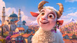 Happy sheep with ram horns, in the background there is an arabic city and mosque